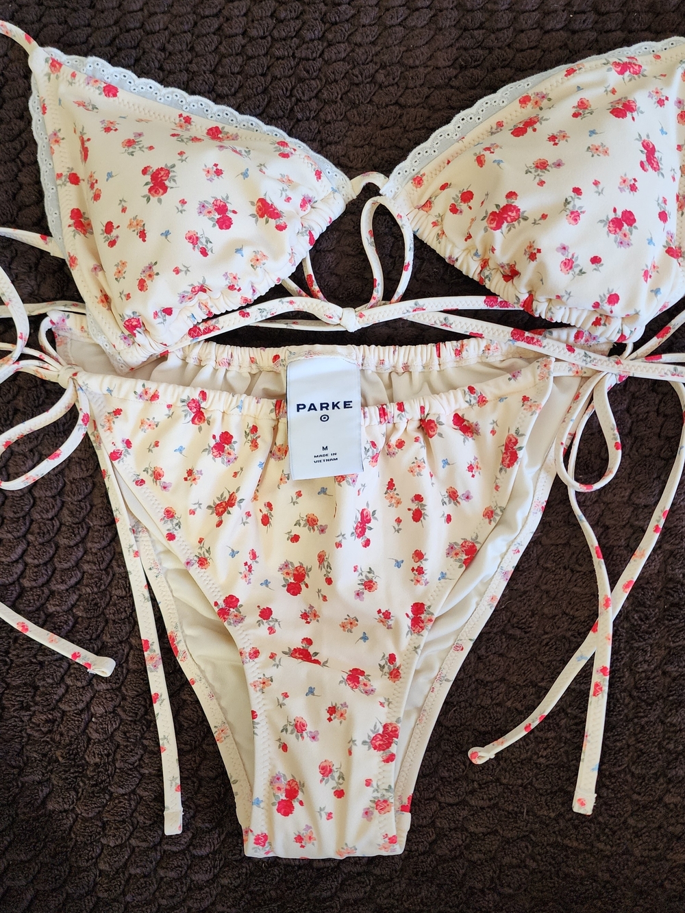 Parke Cream Floral Bikini Set with Red and Green Accents Flowers. NWT